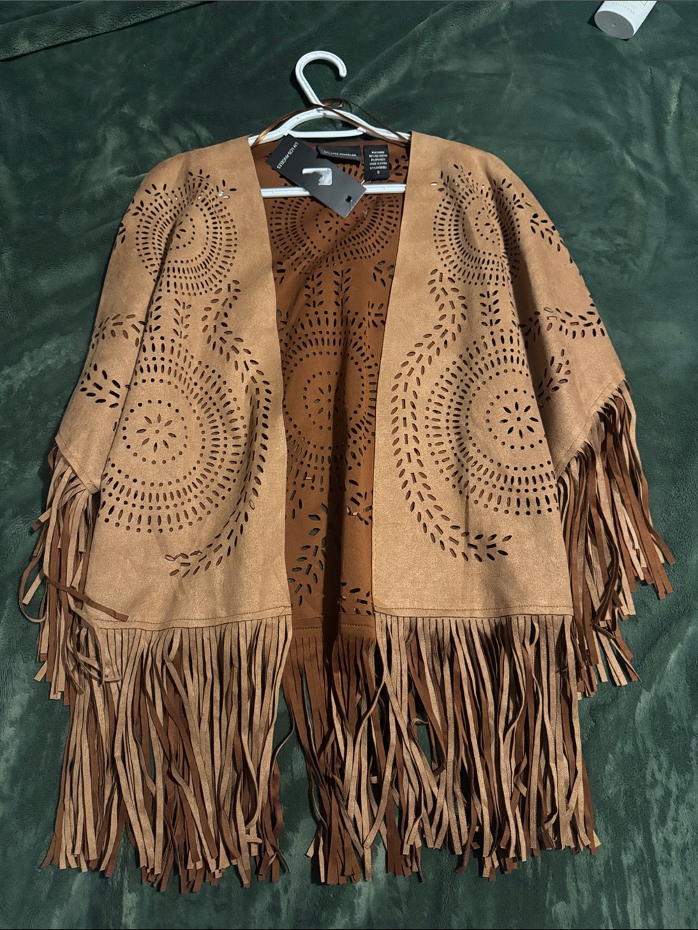 Fringe Suede-Look Open Front Cardigan Sweater - Tan
